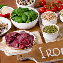 Foods high in Iron, including eggs, nuts, spinach, beans, seafoo