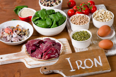Foods high in Iron, including eggs, nuts, spinach, beans, seafoo