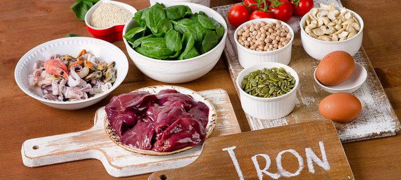 Foods high in Iron, including eggs, nuts, spinach, beans, seafoo